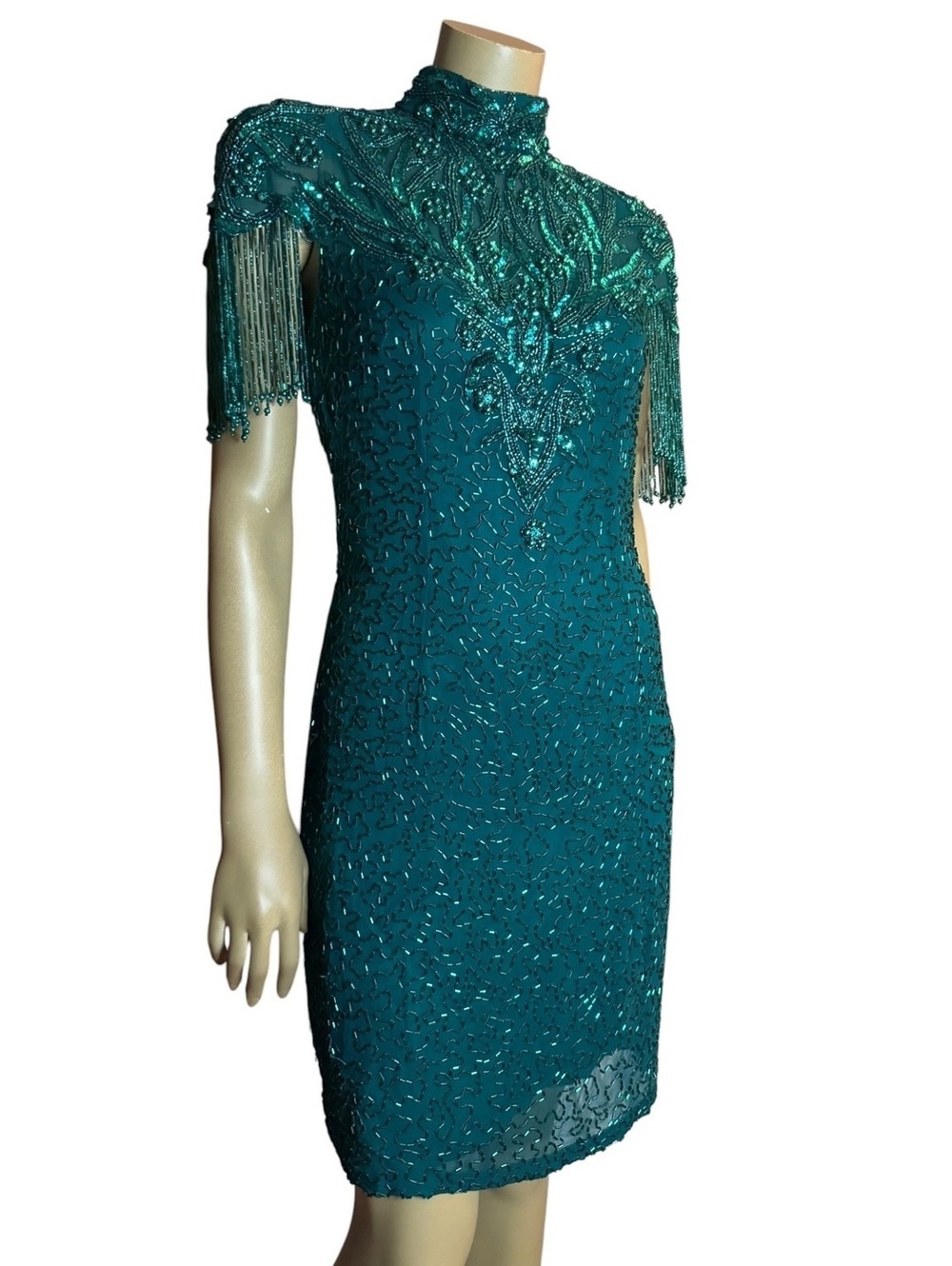 VTG 80s 90s Niteline Della Roufogali size 6 Silk Beaded Sequin Fringe Cocktail